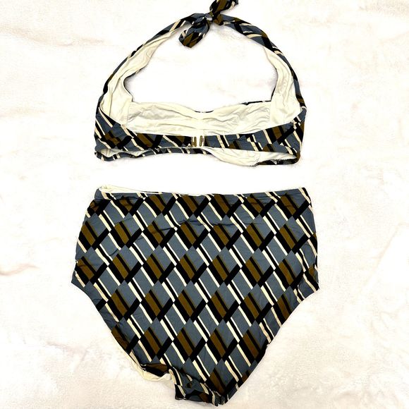 SIYU High Waist Women's Swim Set SZ 8 Clave Stale Blue Geometric Halter Top - Picture 10 of 15